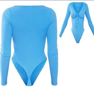 PLT BLUE BRUSHED RIB DRAWSTRING LONG SLEEVE BODYSUIT 12UK 8 US NEW